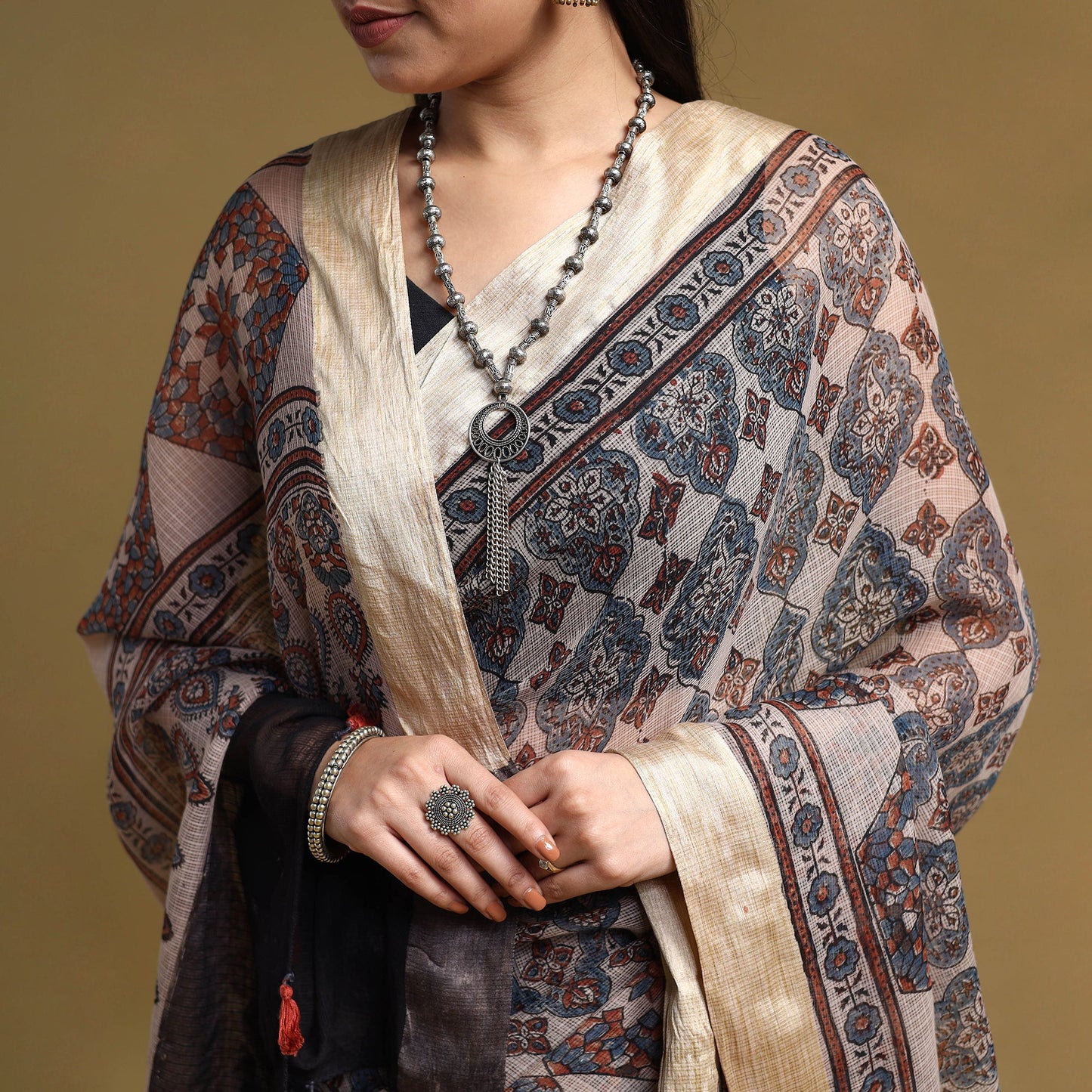 Beige - natural dyed kota doria cotton saree 06