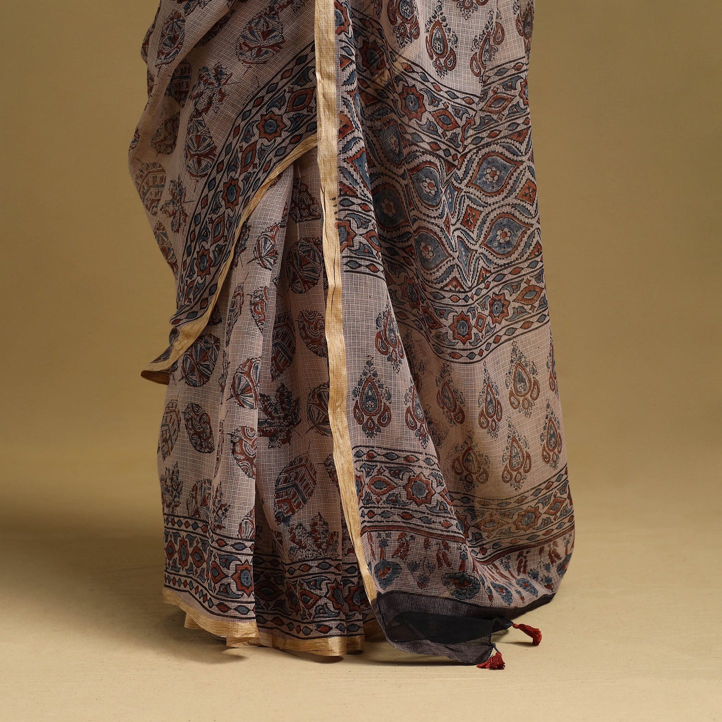 Natural Dyed Block Print Kota Doria Cotton Beige Ajrakh Saree