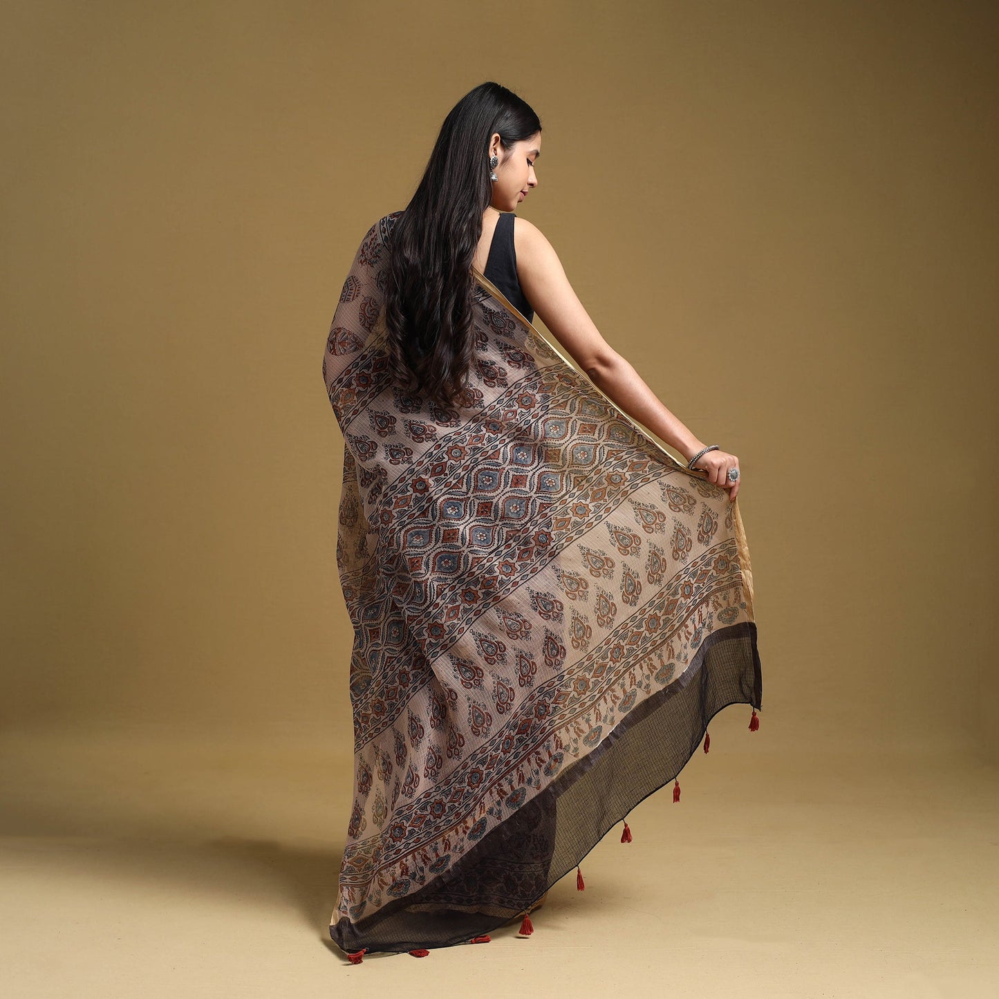 Natural Dyed Block Print Kota Doria Cotton Beige Ajrakh Saree