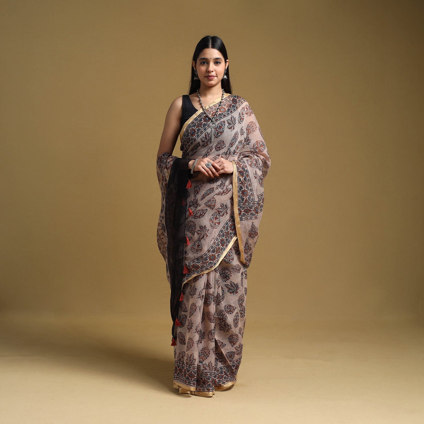 Natural Dyed Block Print Kota Doria Cotton Beige Ajrakh Saree