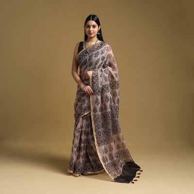 Natural Dyed Block Print Kota Doria Cotton Beige Ajrakh Saree