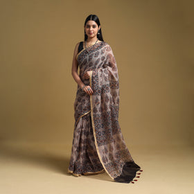 Natural Dyed Block Print Kota Doria Cotton Beige Ajrakh Saree