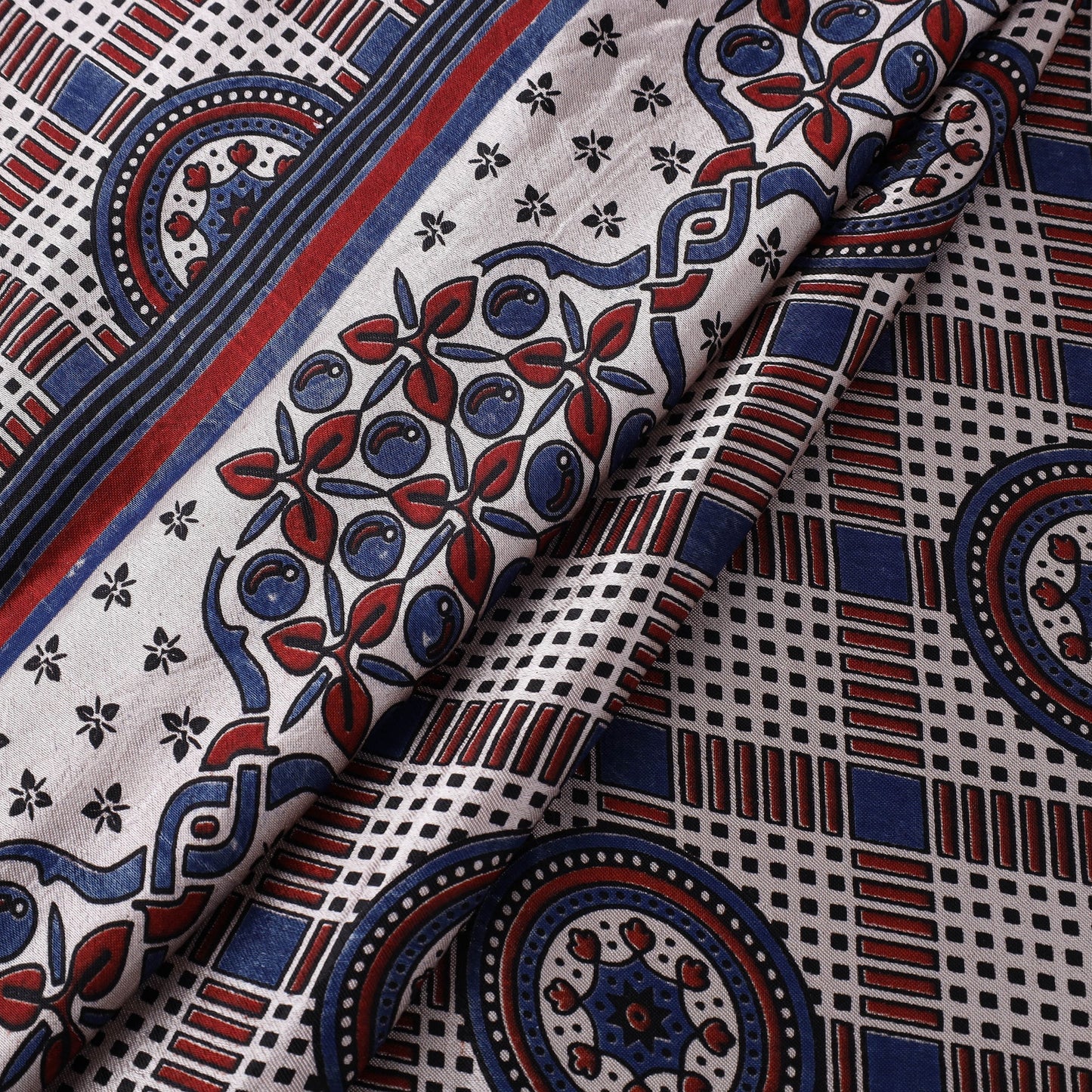 Beige Natural Dyed Mashru Silk Ajrakh Print Fabric