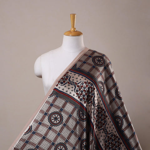 Beige Natural Dyed Mashru Silk Ajrakh Print Fabric