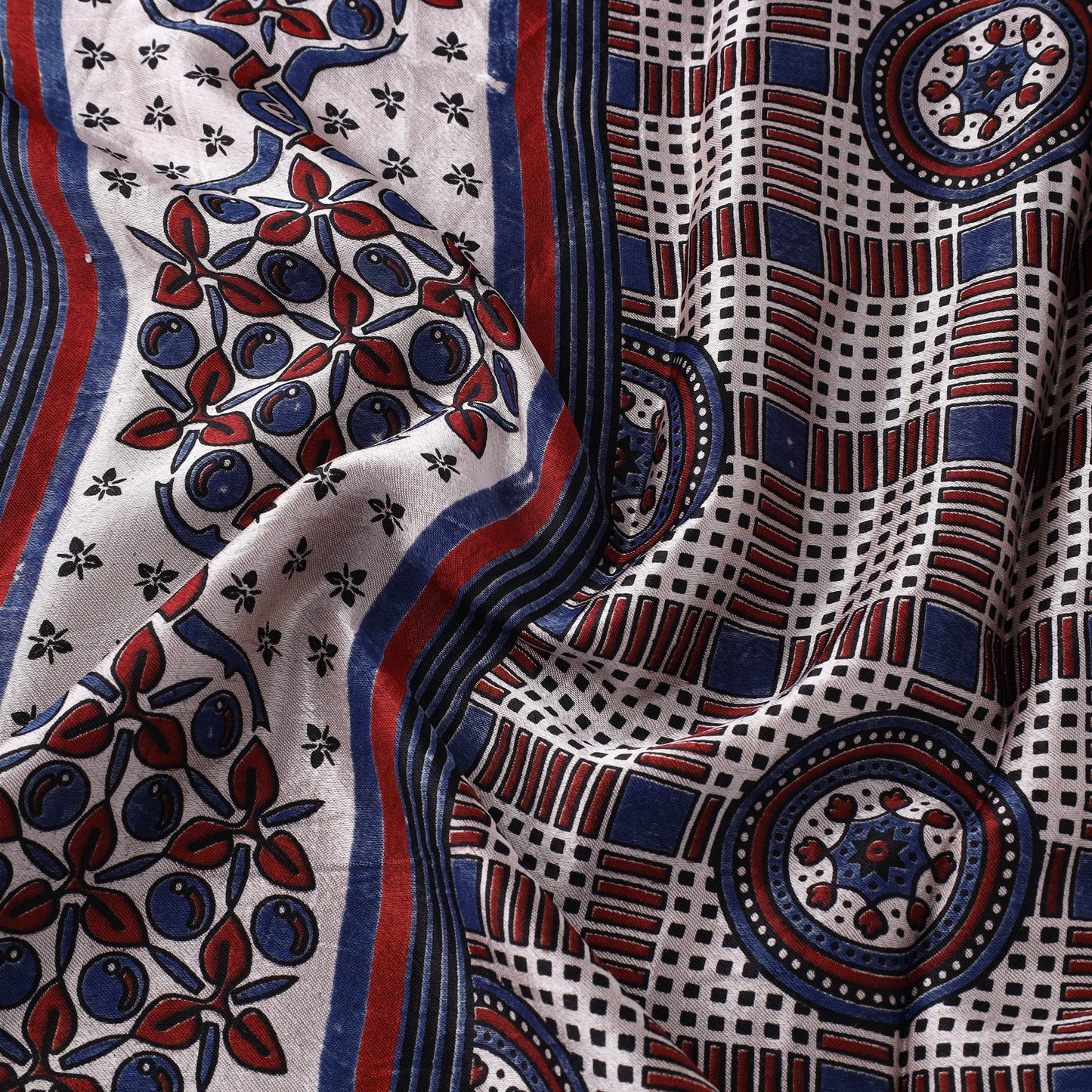 Beige Natural Dyed Mashru Silk Ajrakh Print Fabric