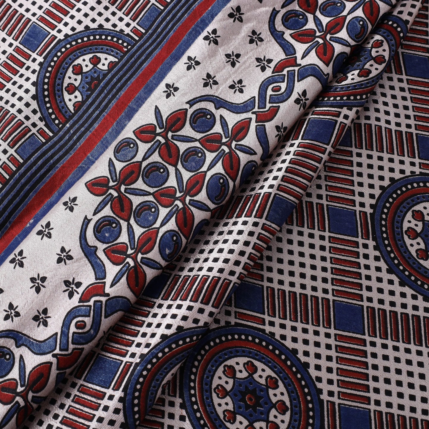 Beige Natural Dyed Mashru Silk Ajrakh Print Fabric