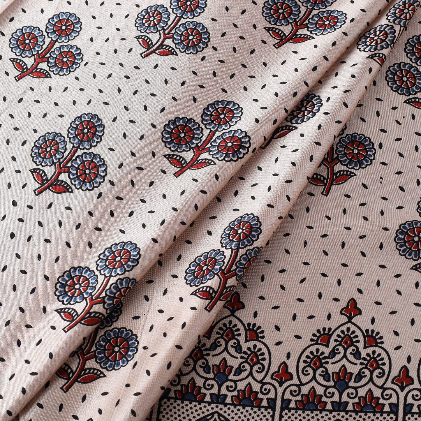 Beige Natural Dyed Mashru Silk Ajrakh Print Fabric