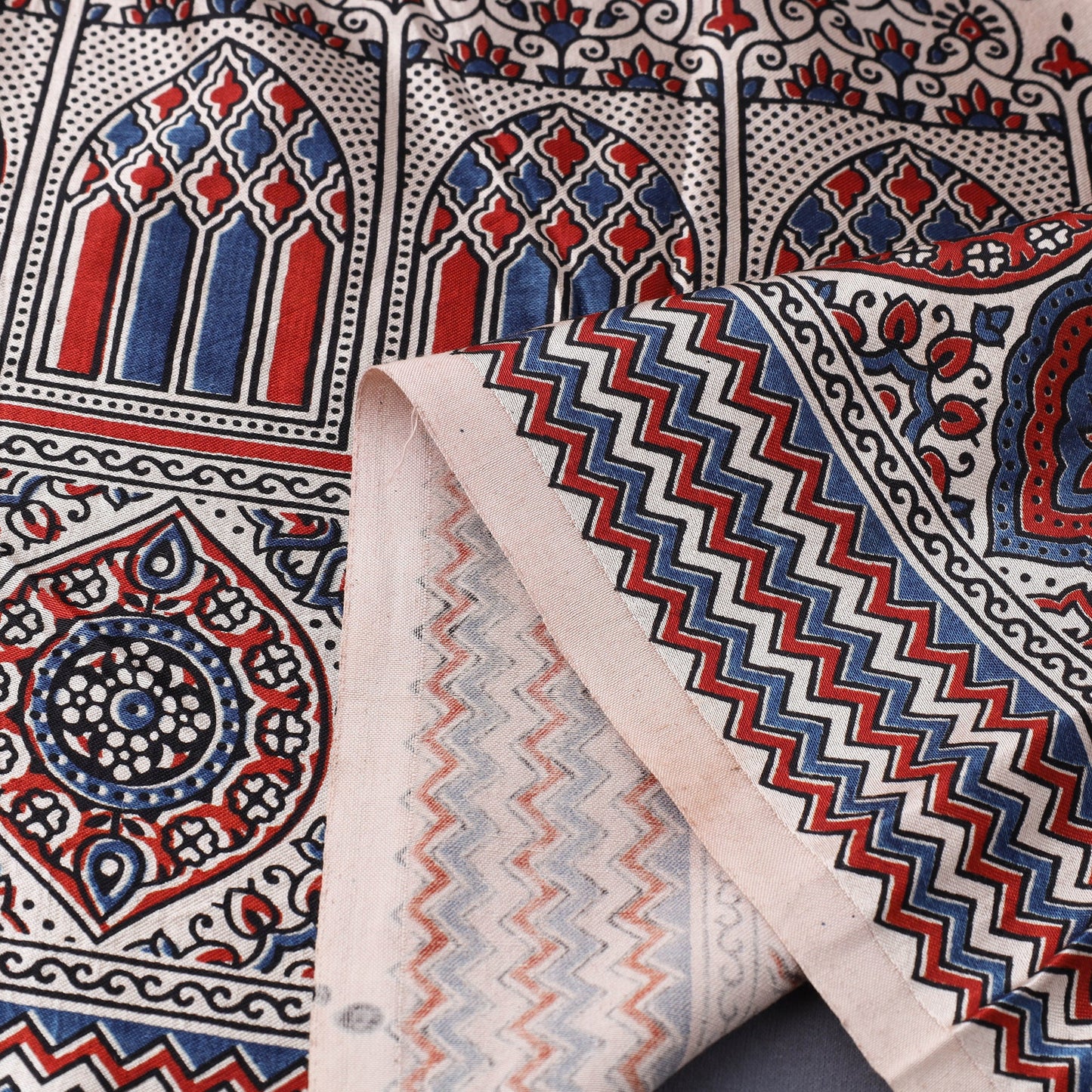 Beige Natural Dyed Mashru Silk Ajrakh Print Fabric