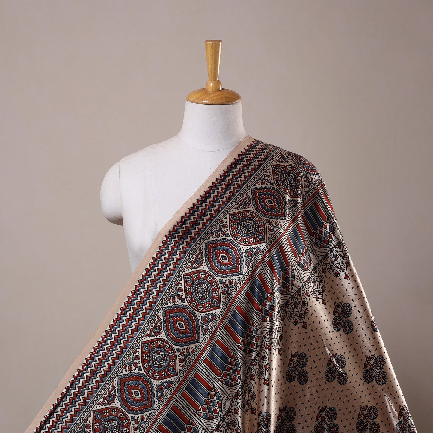 Beige Natural Dyed Mashru Silk Ajrakh Print Fabric