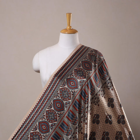 Beige Natural Dyed Mashru Silk Ajrakh Print Fabric