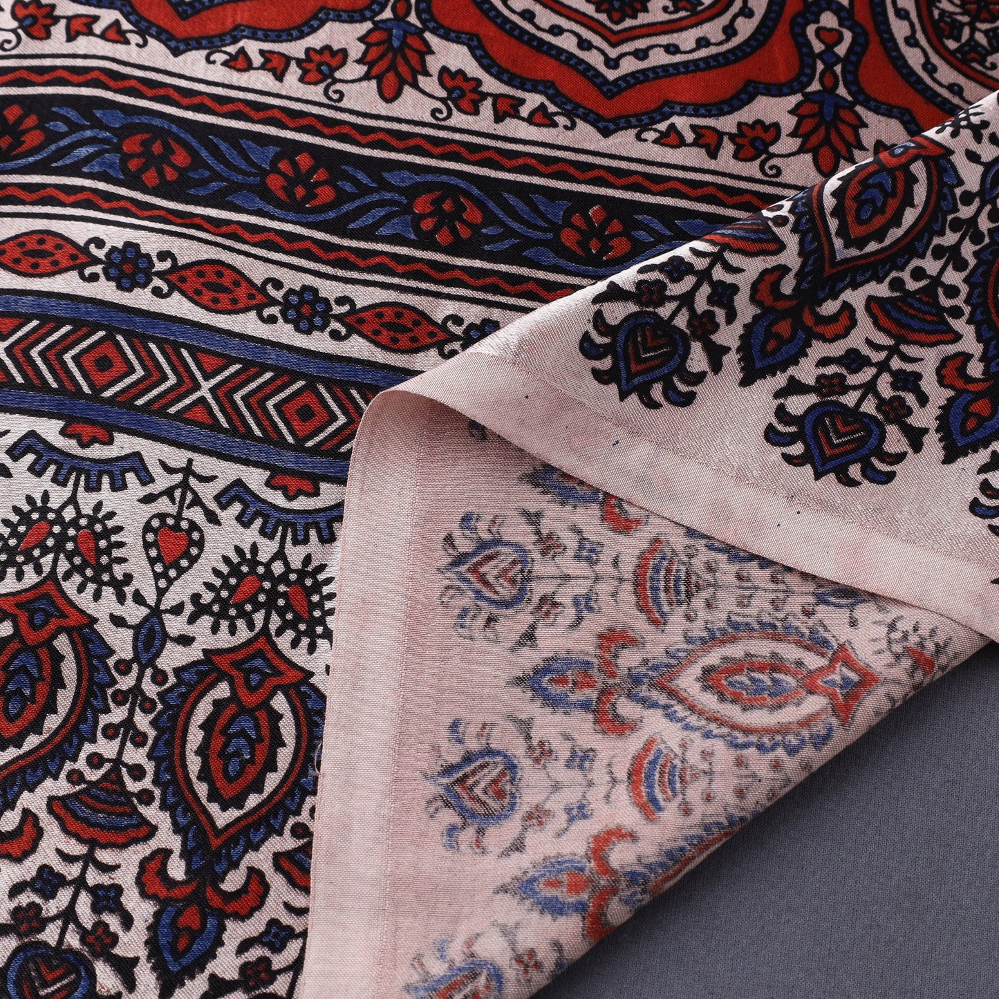 Beige Natural Dyed Mashru Silk Ajrakh Print Fabric