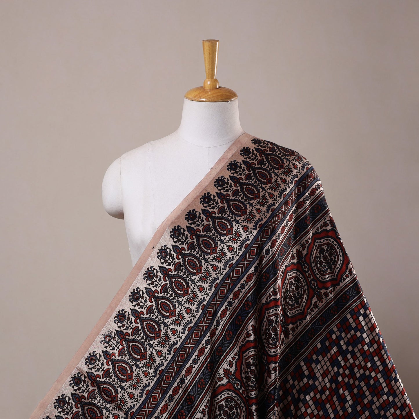 Beige Natural Dyed Mashru Silk Ajrakh Print Fabric