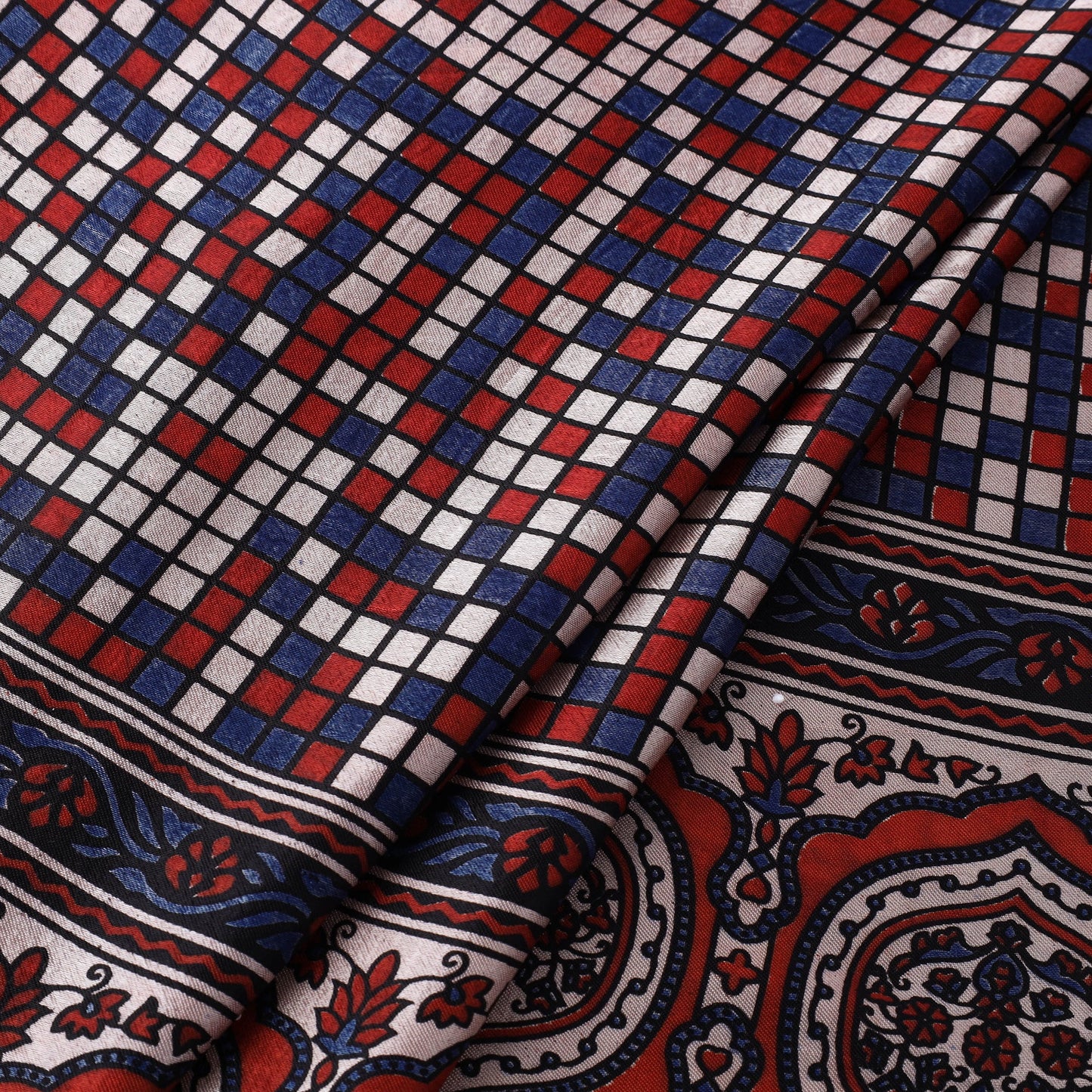 Beige Natural Dyed Mashru Silk Ajrakh Print Fabric