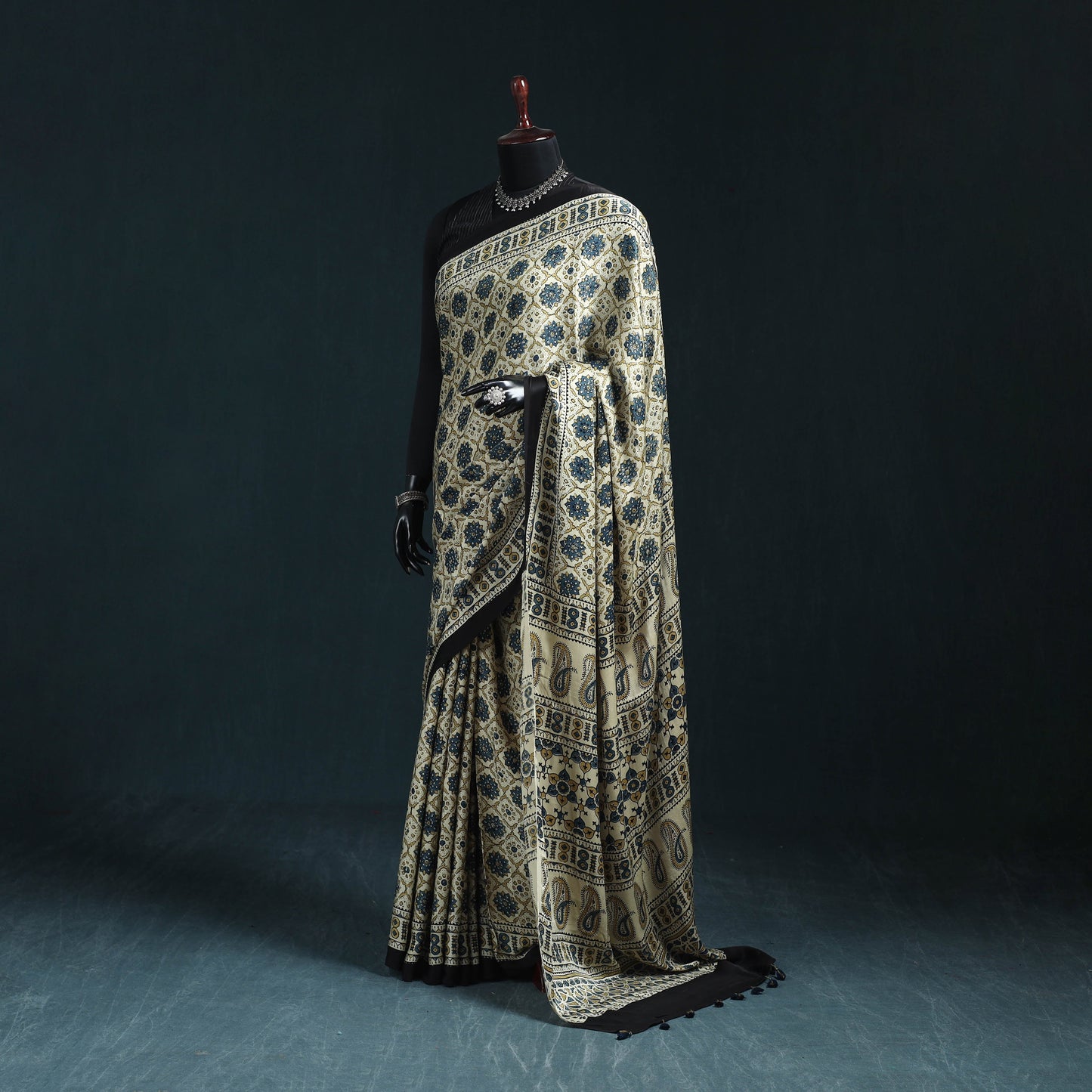 Natural dyed modal silk kutch hand block print ajrakh saree
