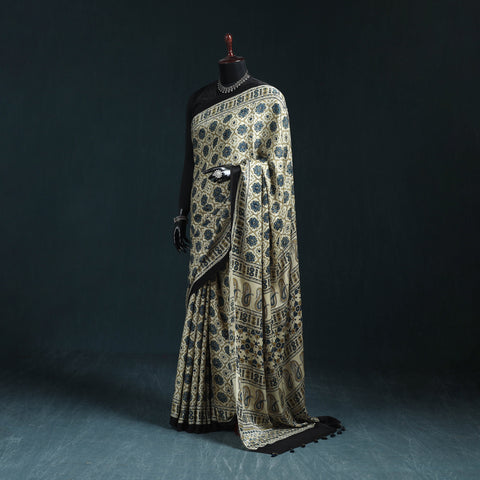 Natural dyed modal silk kutch hand block print ajrakh saree