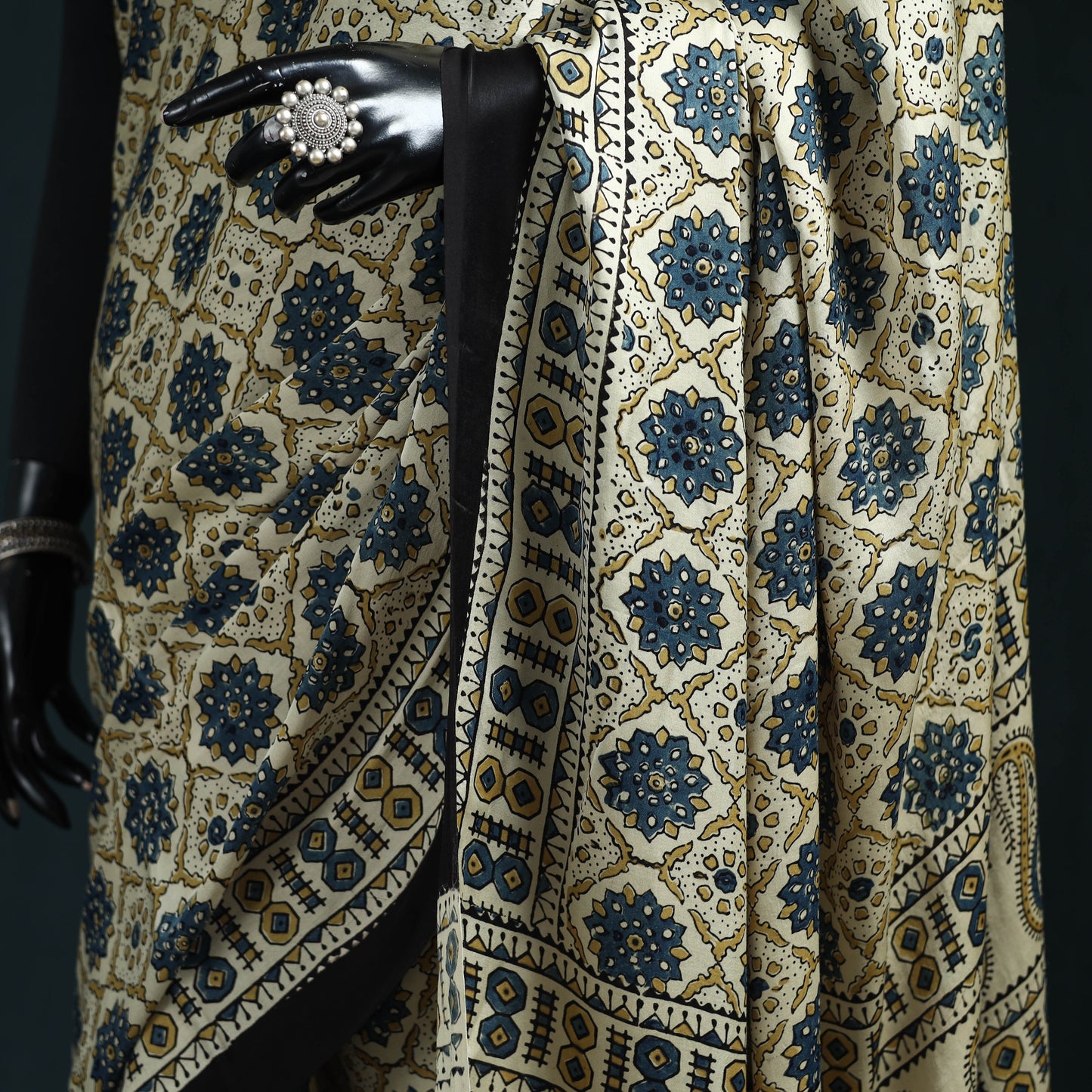 Natural dyed modal silk kutch hand block print ajrakh saree