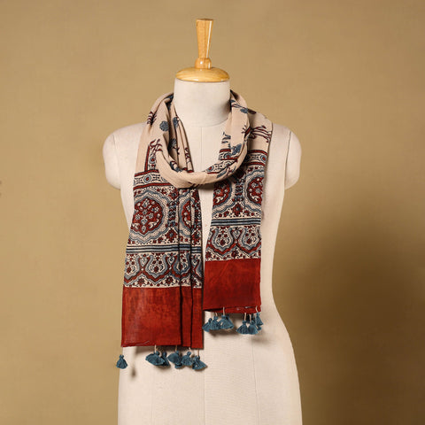 Beige Natural Dyed Block Print Mul Cotton Ajrakh Stole