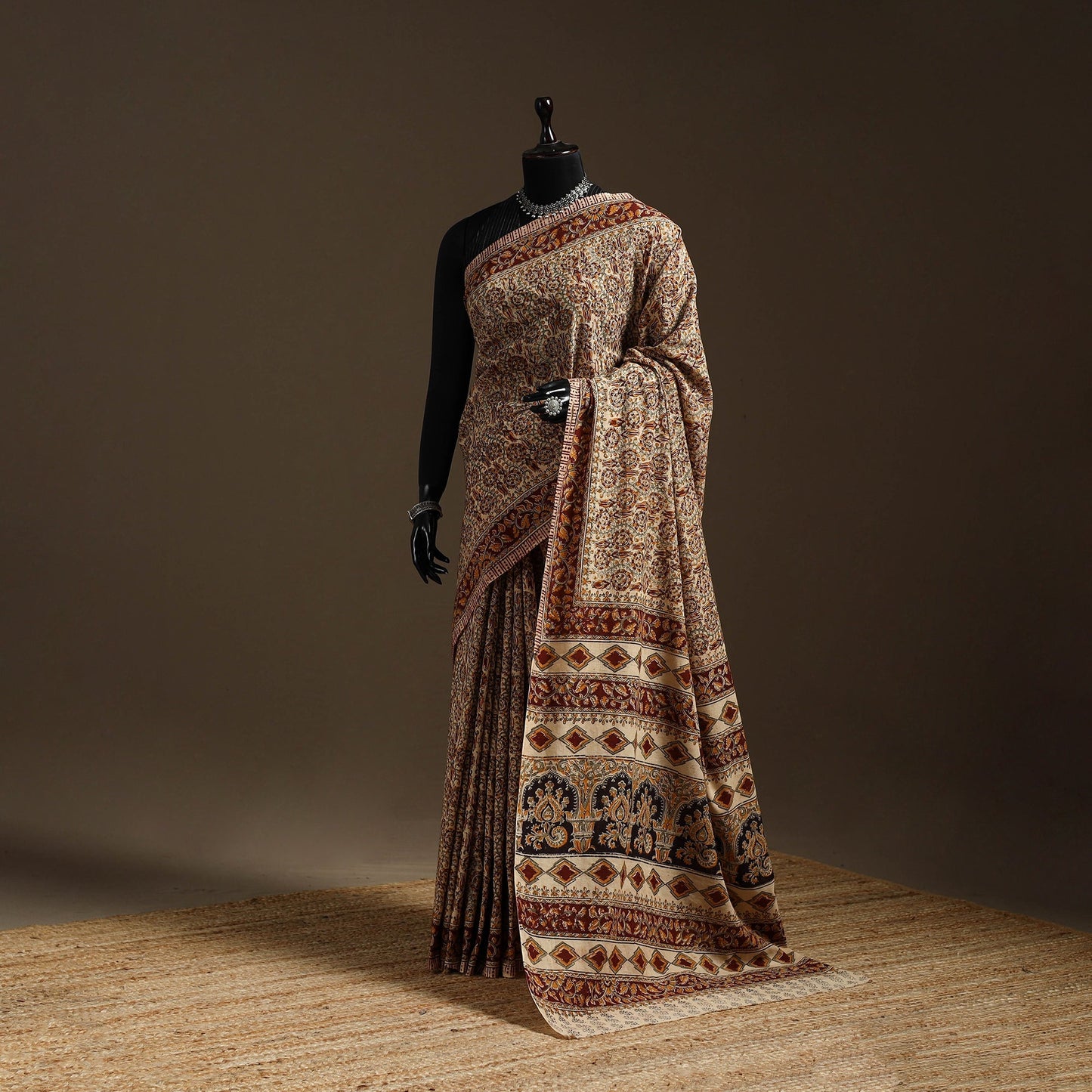 Beige - natural dyed pedana cotton kalamkari saree 36