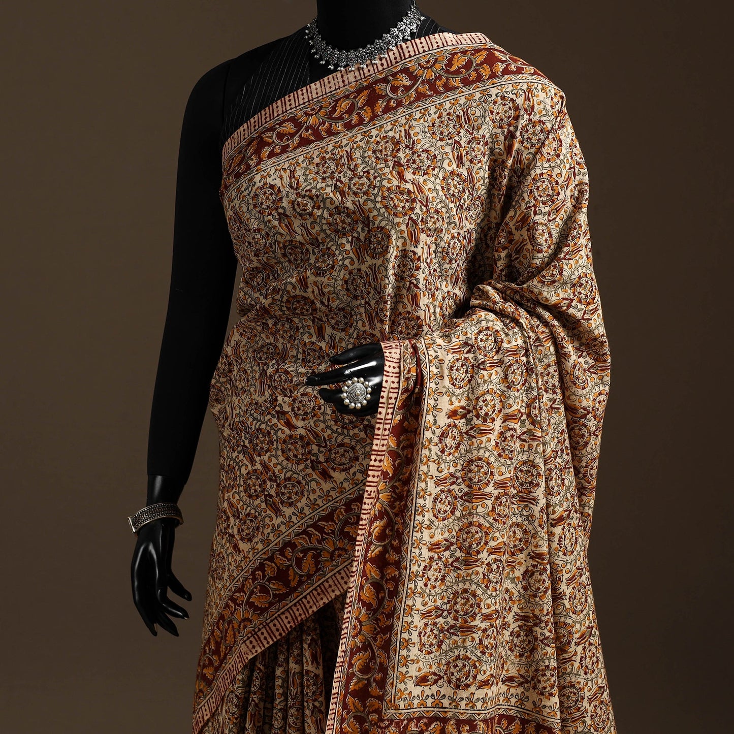 Beige - natural dyed pedana cotton kalamkari saree 36