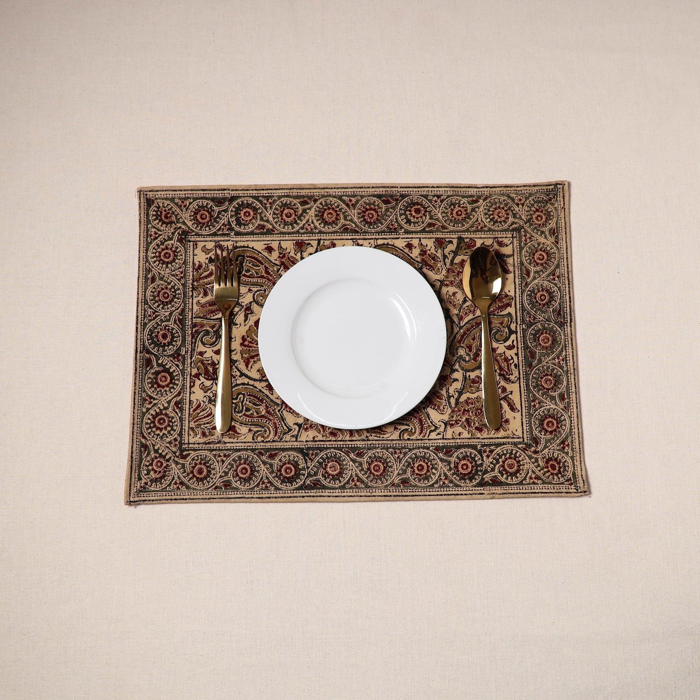 Beige - natural dyed pedana kalamkari cotton table mat 09