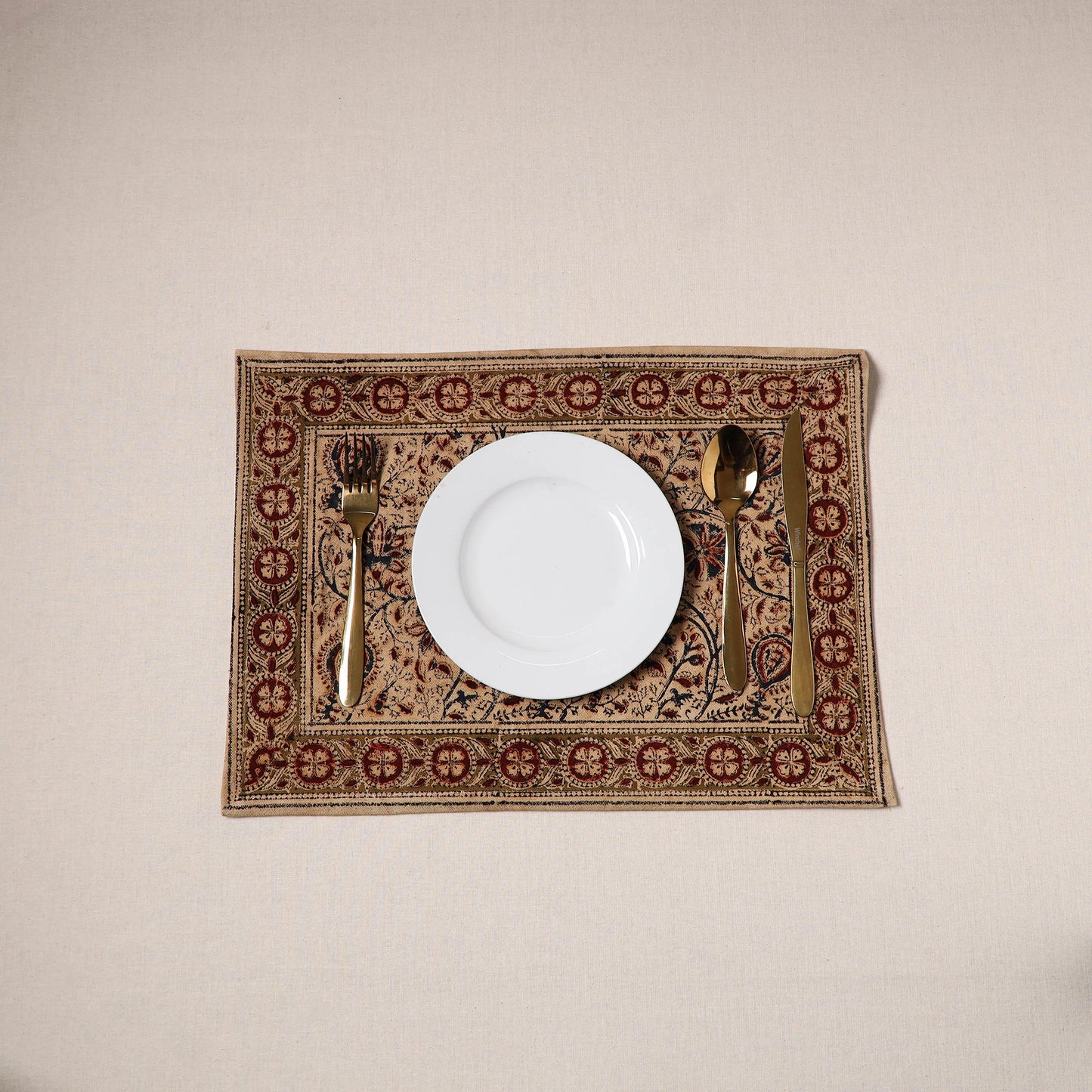 Beige - natural dyed pedana kalamkari cotton table mat 01