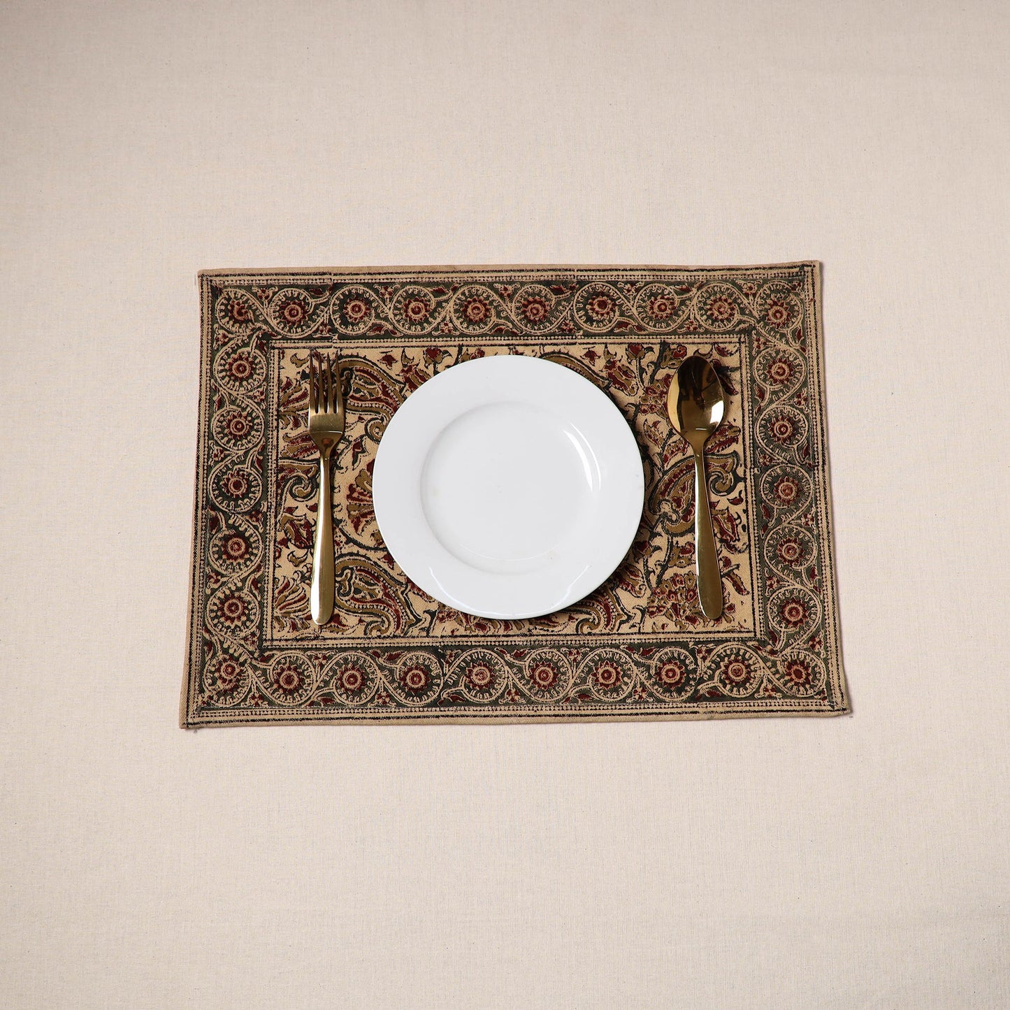 Beige - natural dyed pedana kalamkari cotton table mat 09