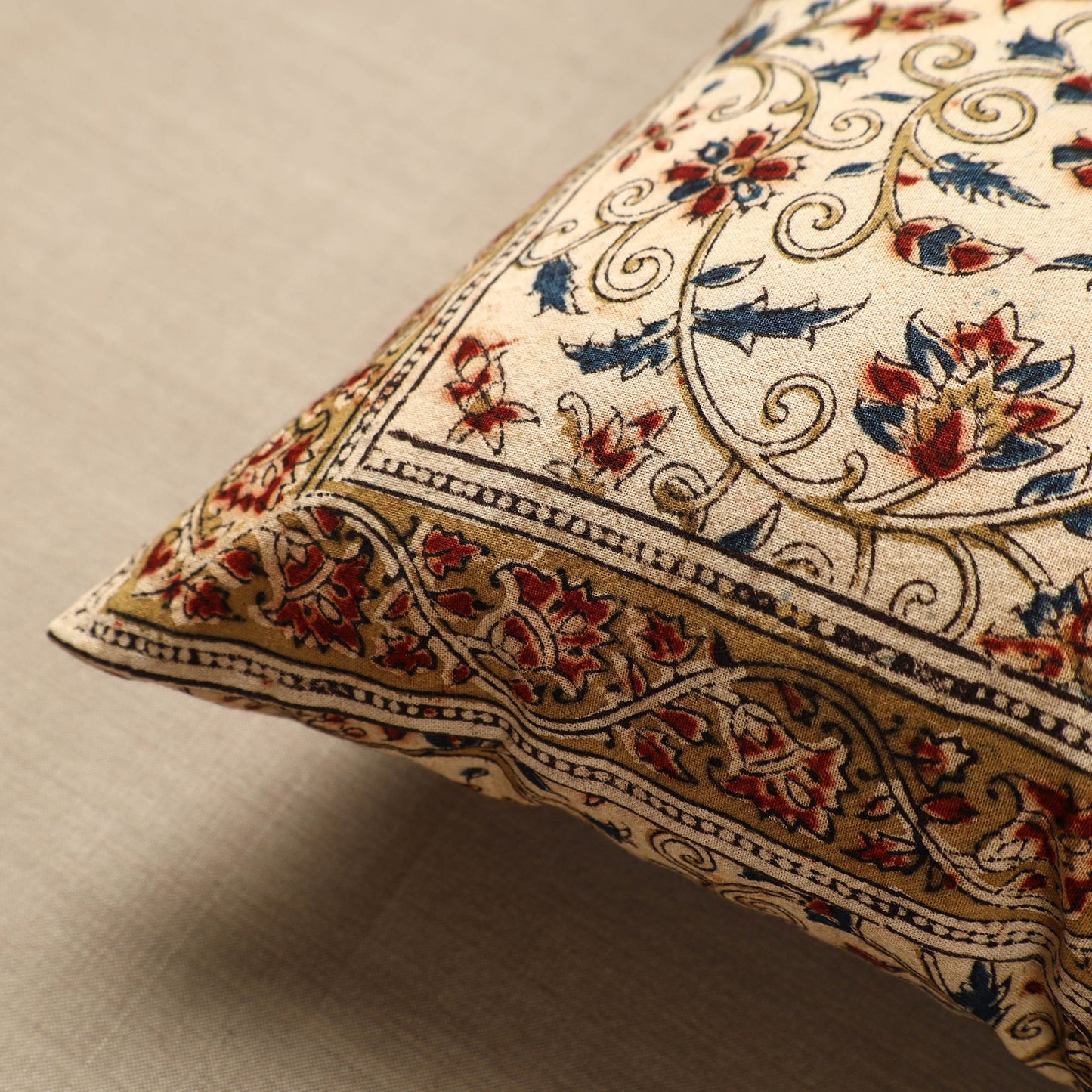 Beige - Original Pedana Kalamkari Block Printed Cotton Cushion Cover (16 x 16 in) 26