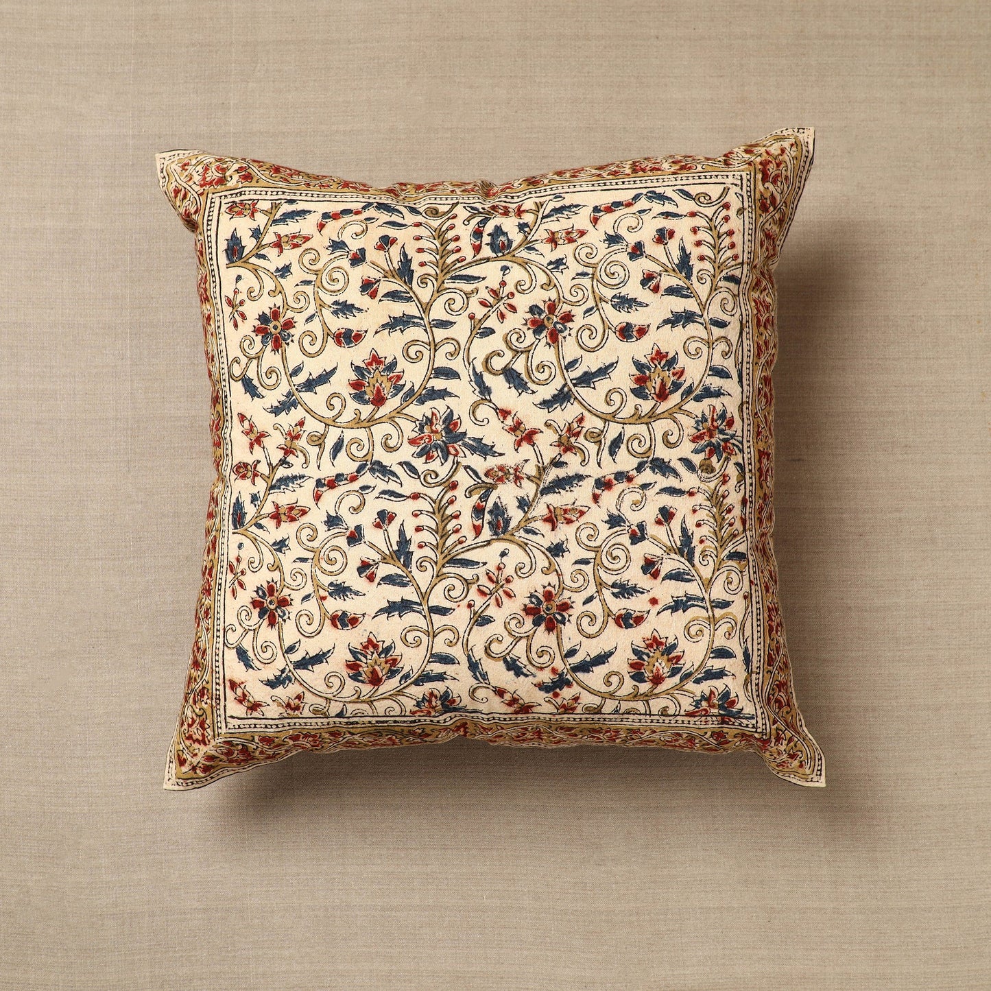 Beige - Original Pedana Kalamkari Block Printed Cotton Cushion Cover (16 x 16 in) 26