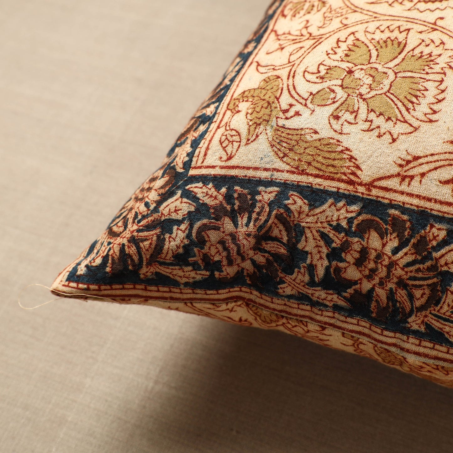Beige - Original Pedana Block Print Cotton Kalamkari Cushion Cover 30