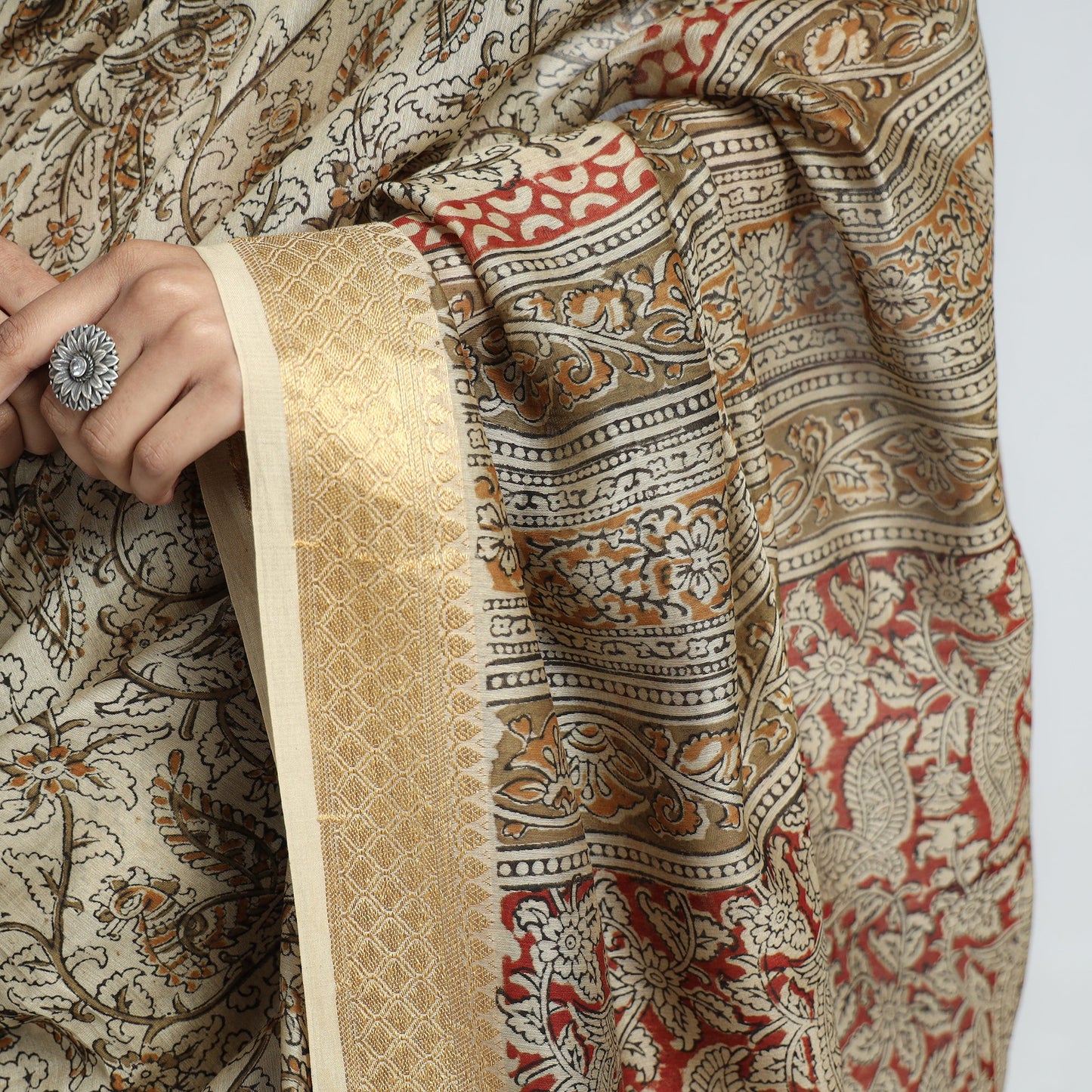 Beige Original Pedana Kalamkari Block Print Chanderi Silk Saree