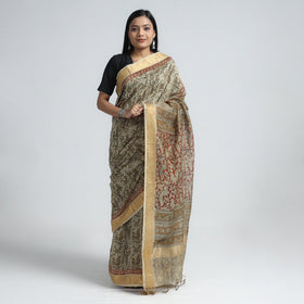 Beige Original Pedana Kalamkari Block Print Chanderi Silk Saree