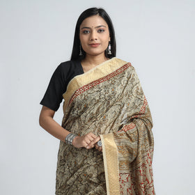 Beige Original Pedana Kalamkari Block Print Chanderi Silk Saree