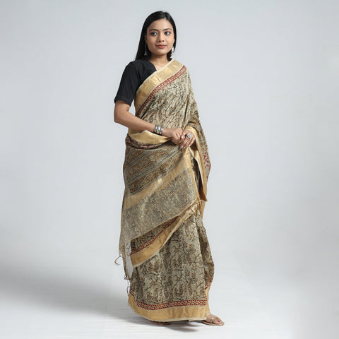 Beige Original Pedana Kalamkari Block Print Chanderi Silk Saree