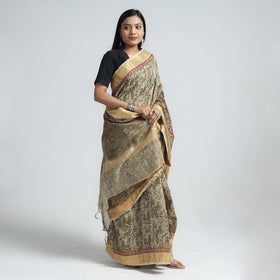 Beige Original Pedana Kalamkari Block Print Chanderi Silk Saree