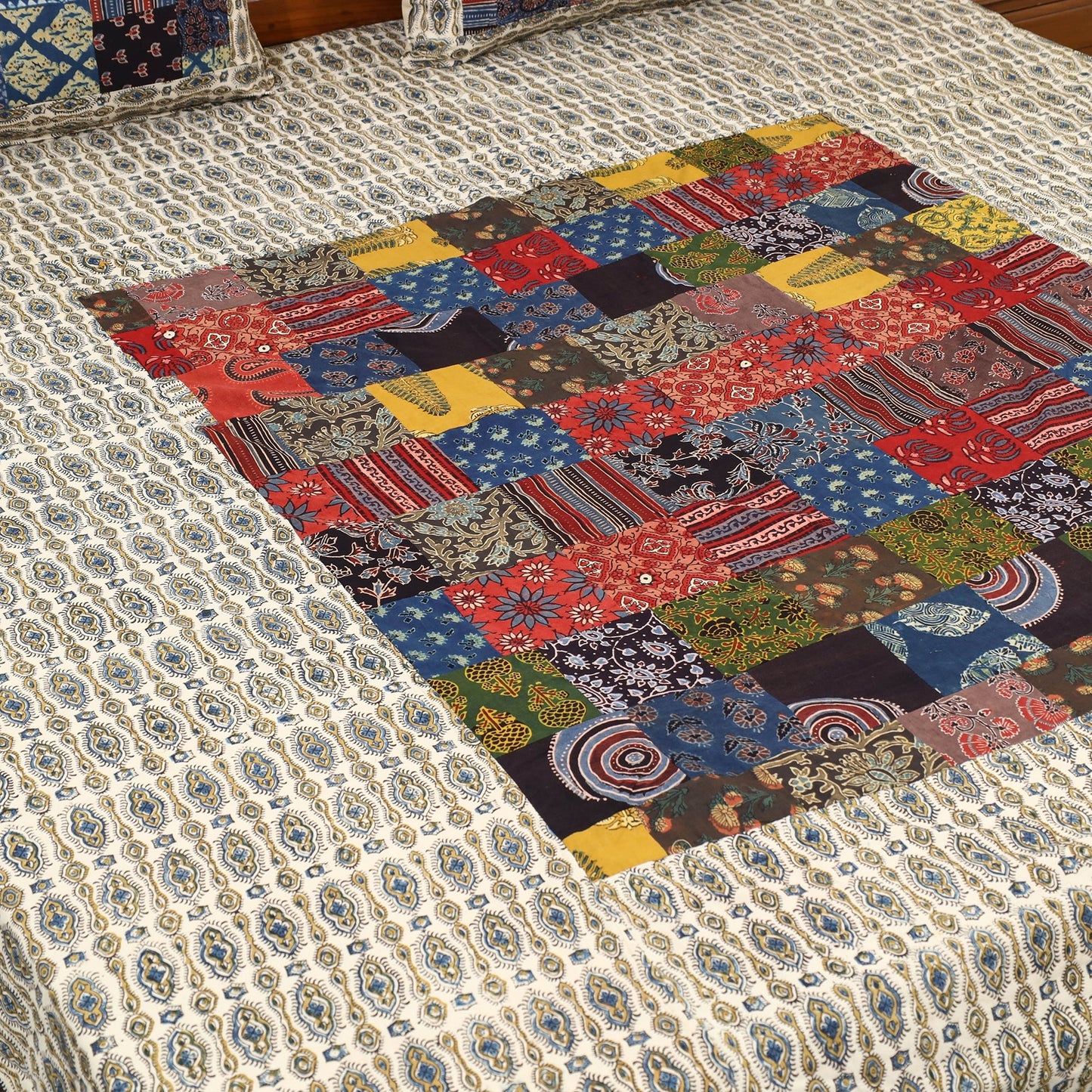 Beige - Patchwork Block Print Ajrakh Cotton Double Bed Sheet Set 04