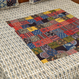 Beige - Patchwork Block Print Ajrakh Cotton Double Bed Sheet Set 04