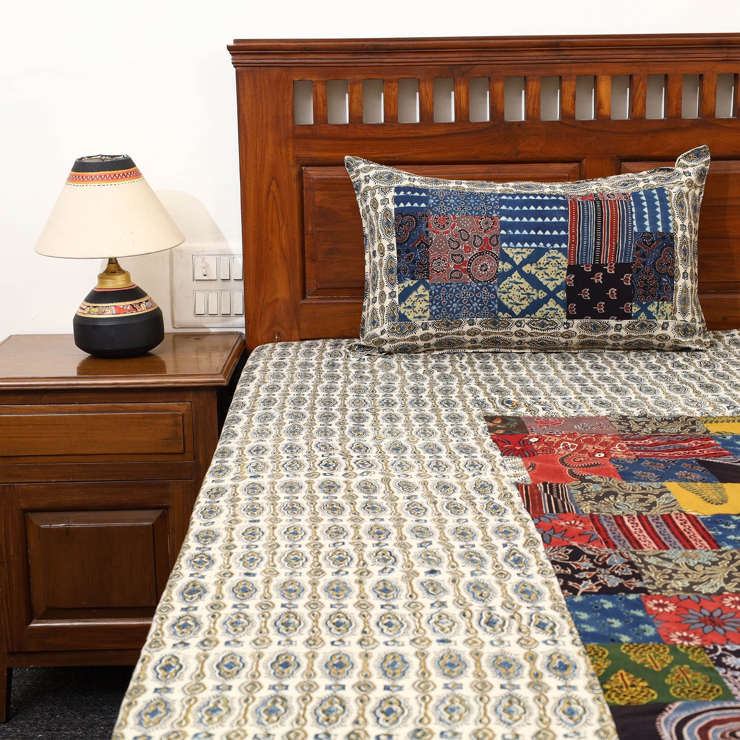Beige - Patchwork Block Print Ajrakh Cotton Double Bed Sheet Set 04