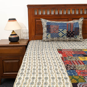 Beige - Patchwork Block Print Ajrakh Cotton Double Bed Sheet Set 04