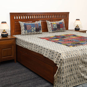 Beige - Patchwork Block Print Ajrakh Cotton Double Bed Sheet Set 04
