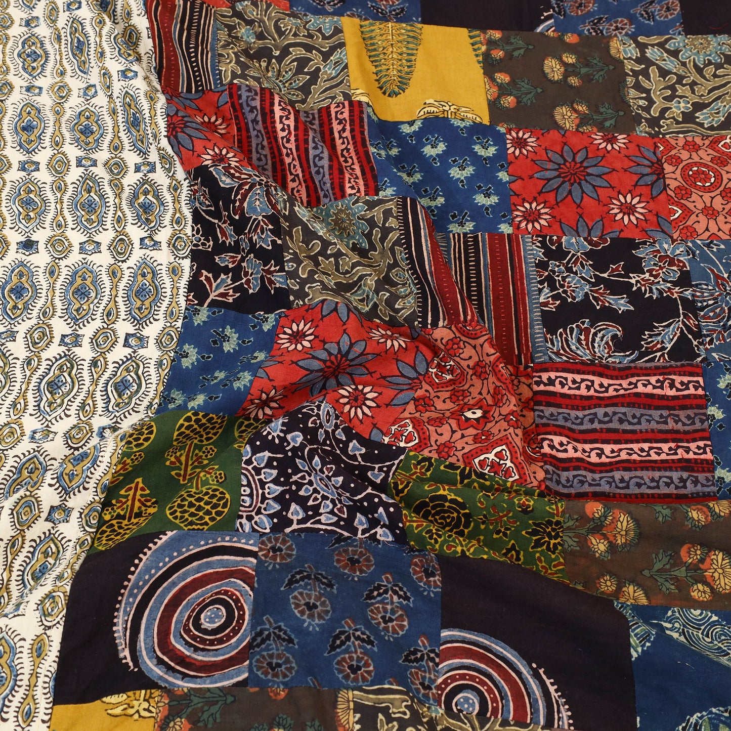 Beige - Patchwork Block Print Ajrakh Cotton Double Bed Sheet Set 04