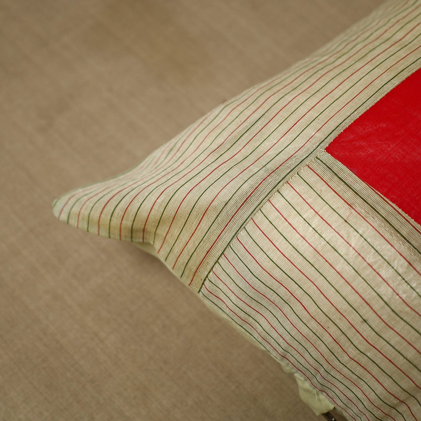 Beige - Patchwork Cotton Kanchipuram Cushion Cover (16 x 16 in) 05