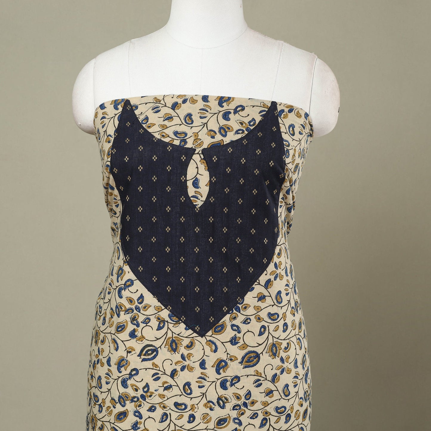 Buy Beige Ajrakh Print Patchwork Cotton Kurta Material