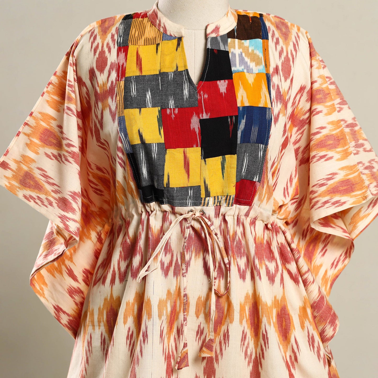  Beige Patchwork Pochampally Ikat Cotton Kaftan (Short)