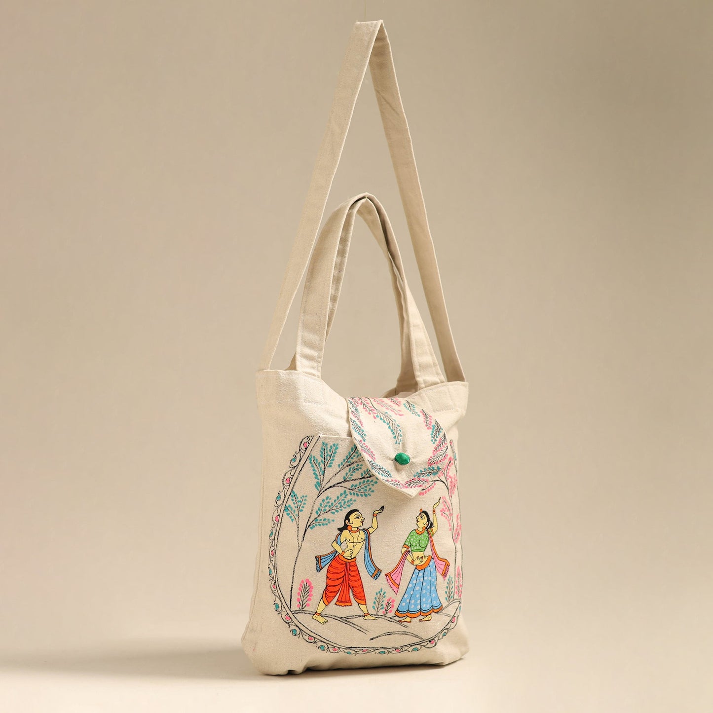 Beige Pattachitra Handpainted Shoulder Bag from Odisha