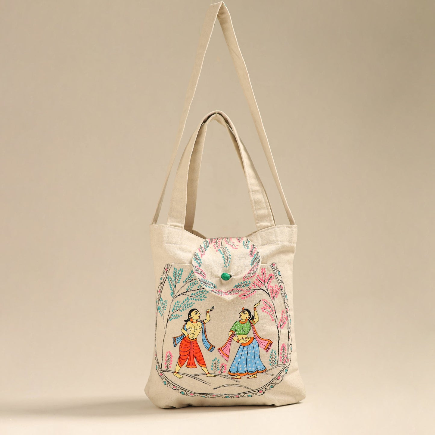 Beige Pattachitra Handpainted Shoulder Bag from Odisha