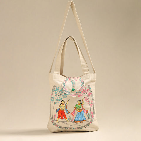 Beige Pattachitra Handpainted Shoulder Bag from Odisha