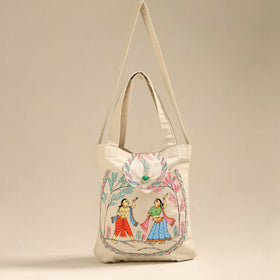 Beige Pattachitra Handpainted Shoulder Bag from Odisha