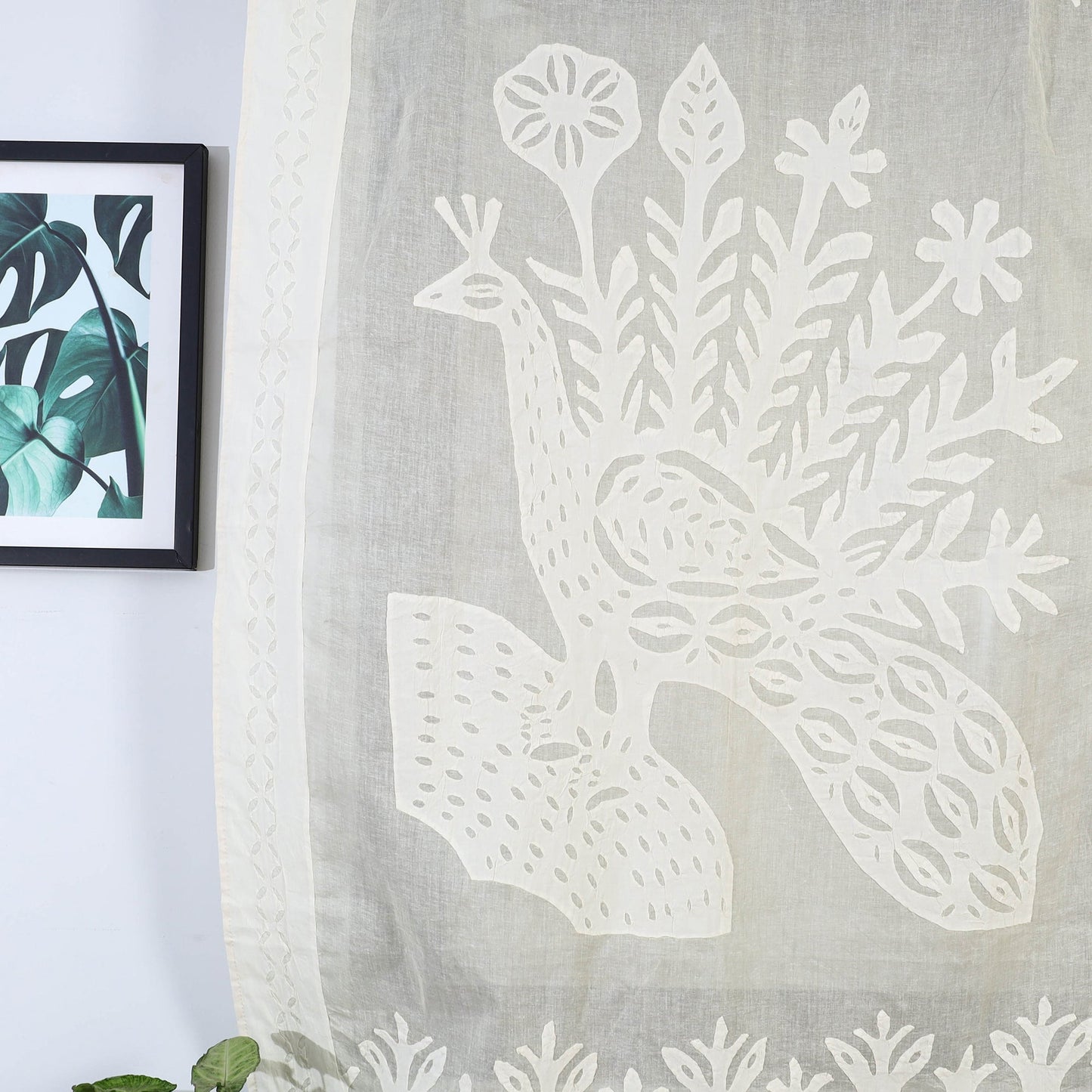 Beige Peacock Cutwork Cotton Barmer Applique Window Curtain