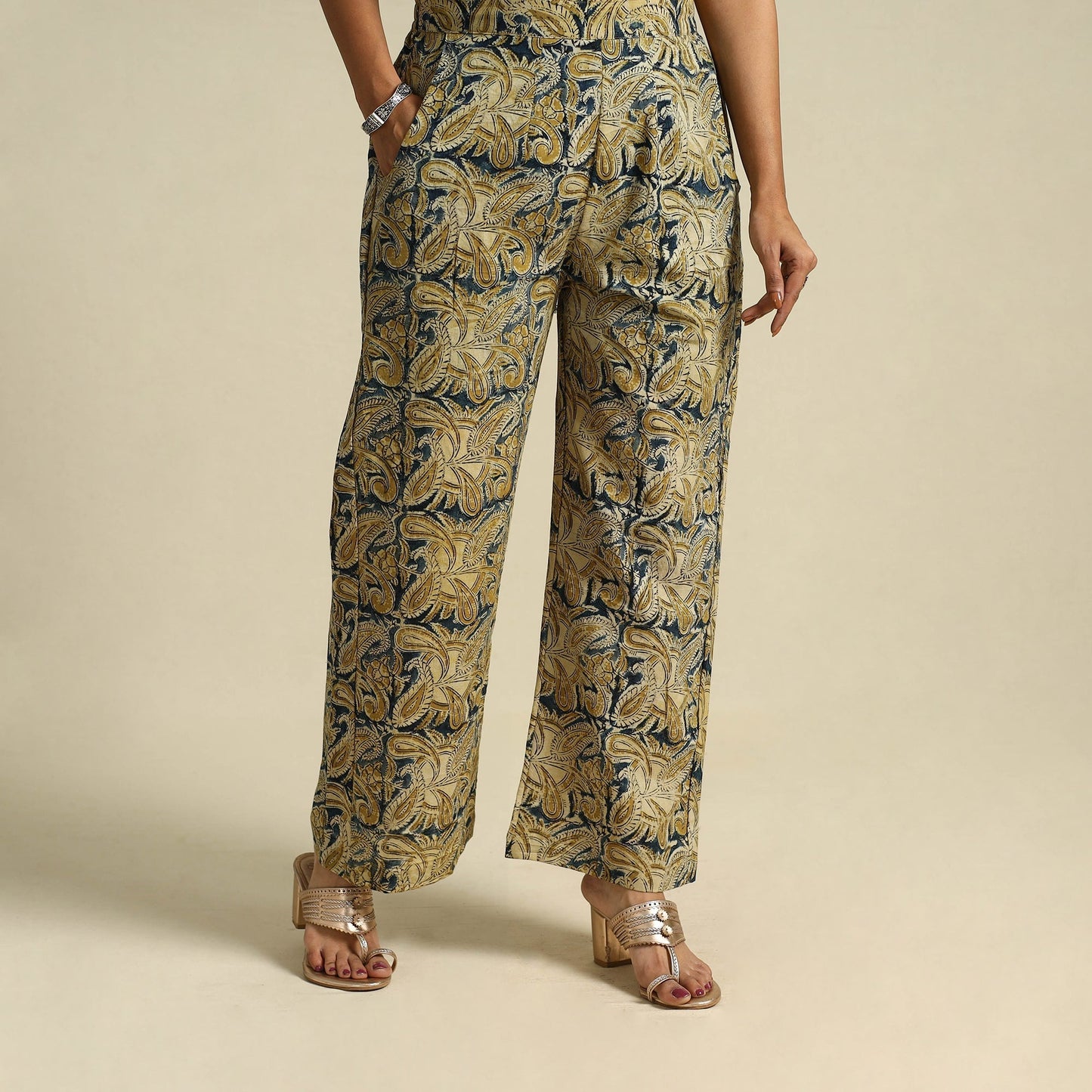  Beige Pedana Block Print Cotton Kalamkari Palazzo