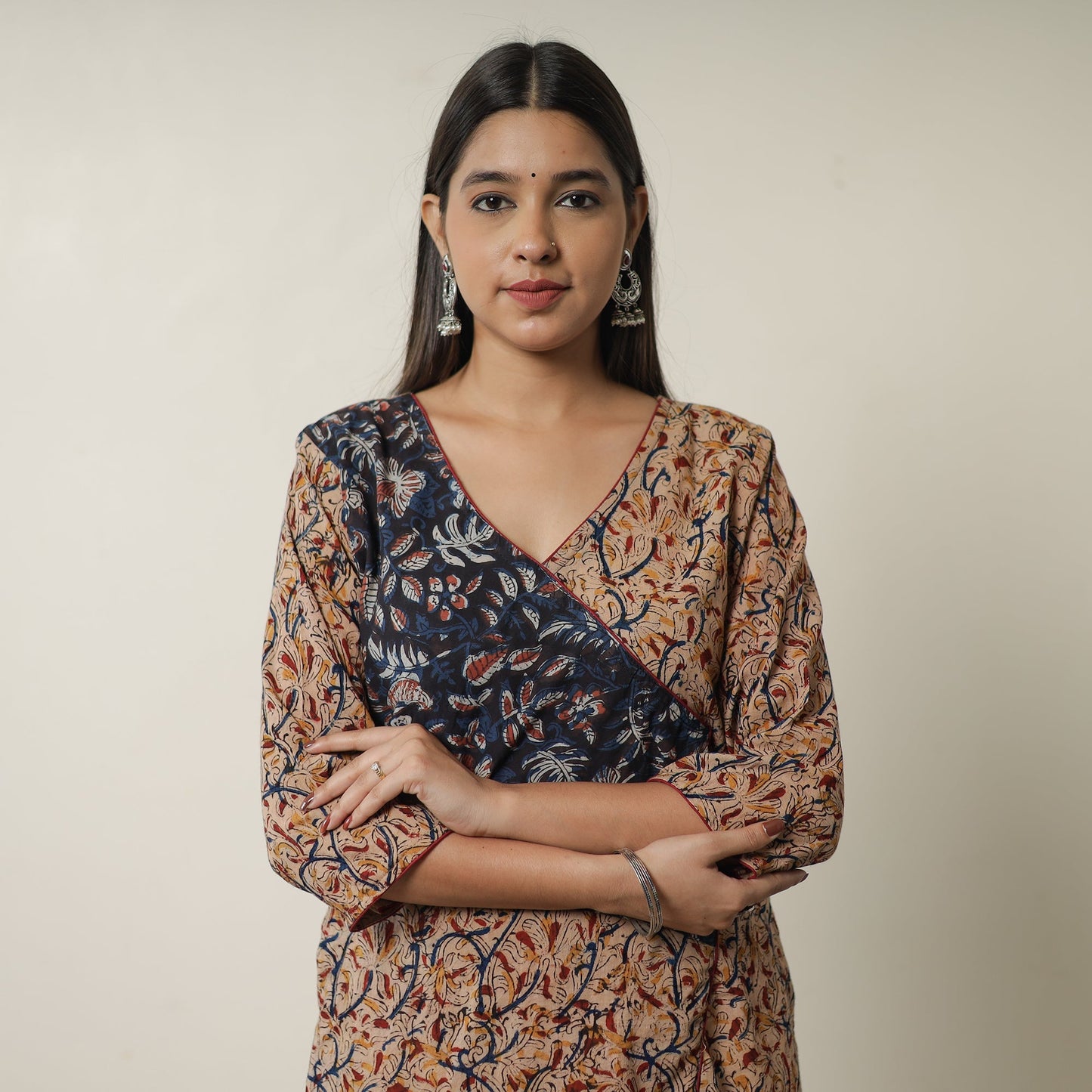 Beige Pedana Block Print Cotton Patchwork Straight Kalamkari Kurta